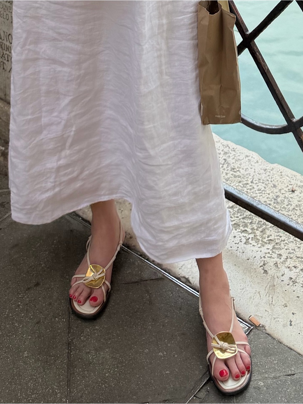Zara Cream Strappy Sandals with Gold Medallion